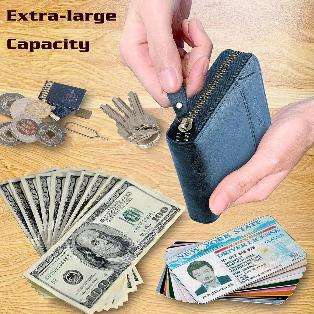 Men's Genuine Leather Navy Blue Short Zip Around Pockets Bifold Wallet Card